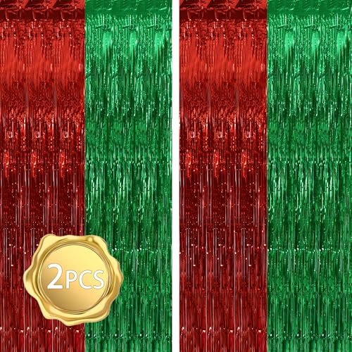 BEISHIDA 2Pcs Red Green Door Streamer Merry Christmas Backdrop Foil Fringe Tinsel Christmas Curtains Backdrops for Christmas' Day Party Decoration (3.28 ft x 6.56 ft)