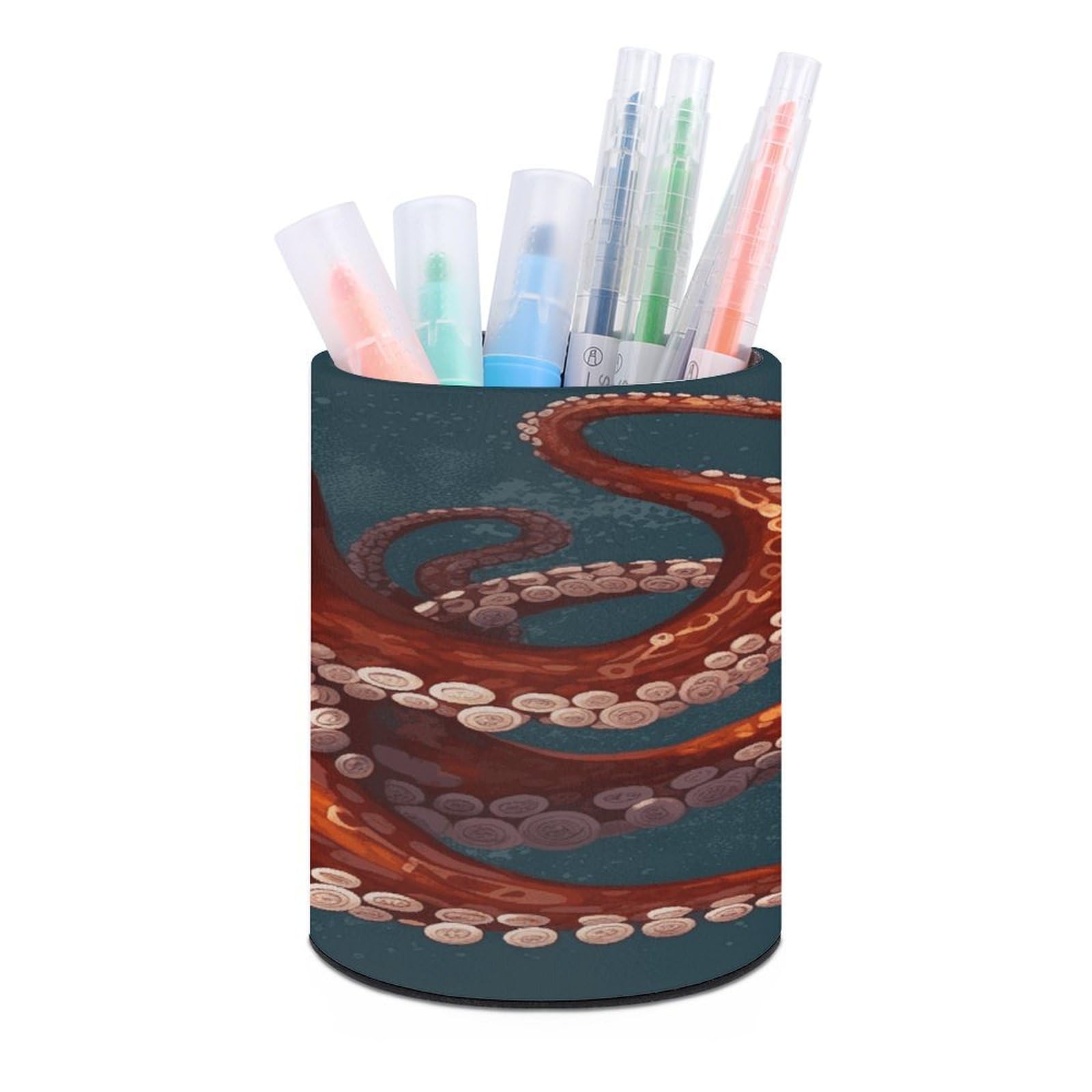 JTREHY - Round Animal Octopus Pen Holder Makeup Brush Holder PU Leather Cup Stationery Organizer Office Accessories Container Box