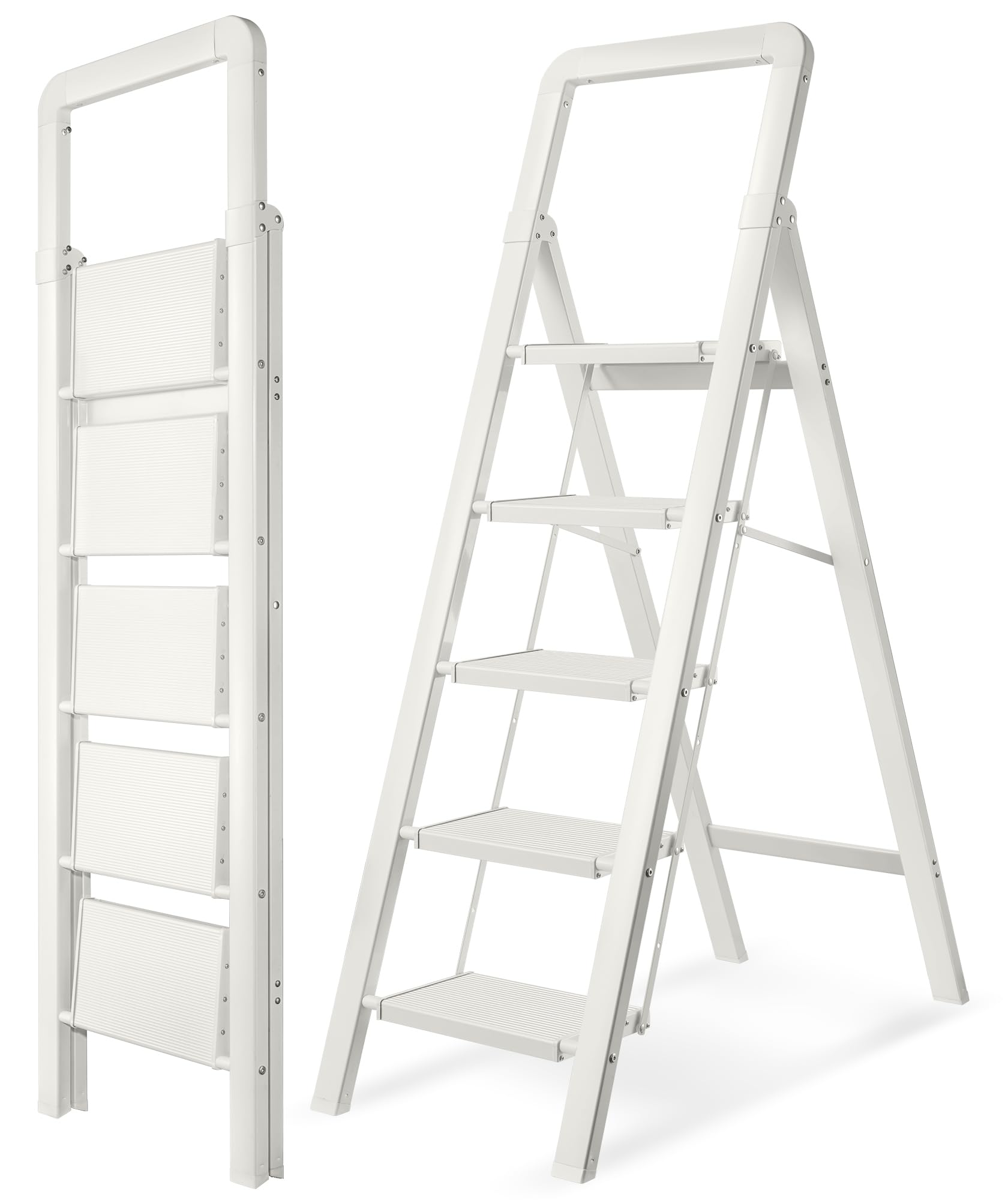 Step Ladders Folding 5-Step White Finish Aluminum Foldable Step Stool,Anti-Slip Portable Sturdy for Home & Kitchen Office 330 lbs