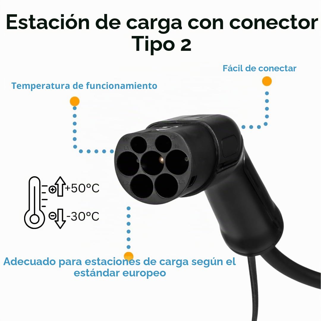Cable de Carga Tipo 2 a Tipo 1 para Coches Eléctricos – 7kW (32A, AC) – 5m – Compatible con Nissan Leaf, Kia Soul EV, BMW i3 (US), VW e-Golf (US) – IP54 – 2 Años de Garantía