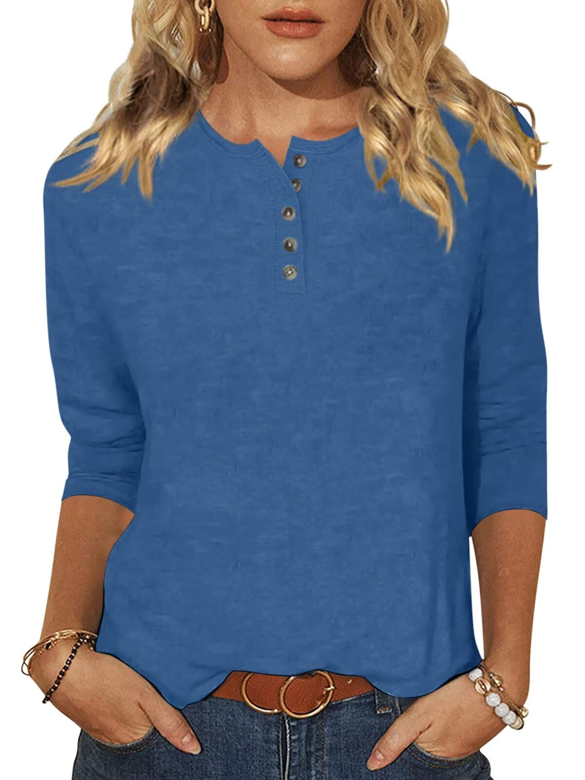 EADINVE Womens Crew Neck 3/4 Sleeve Tops Basic Button T-Shirts Solid Loose Cute Tunic Tee Blouses Fit Pullover