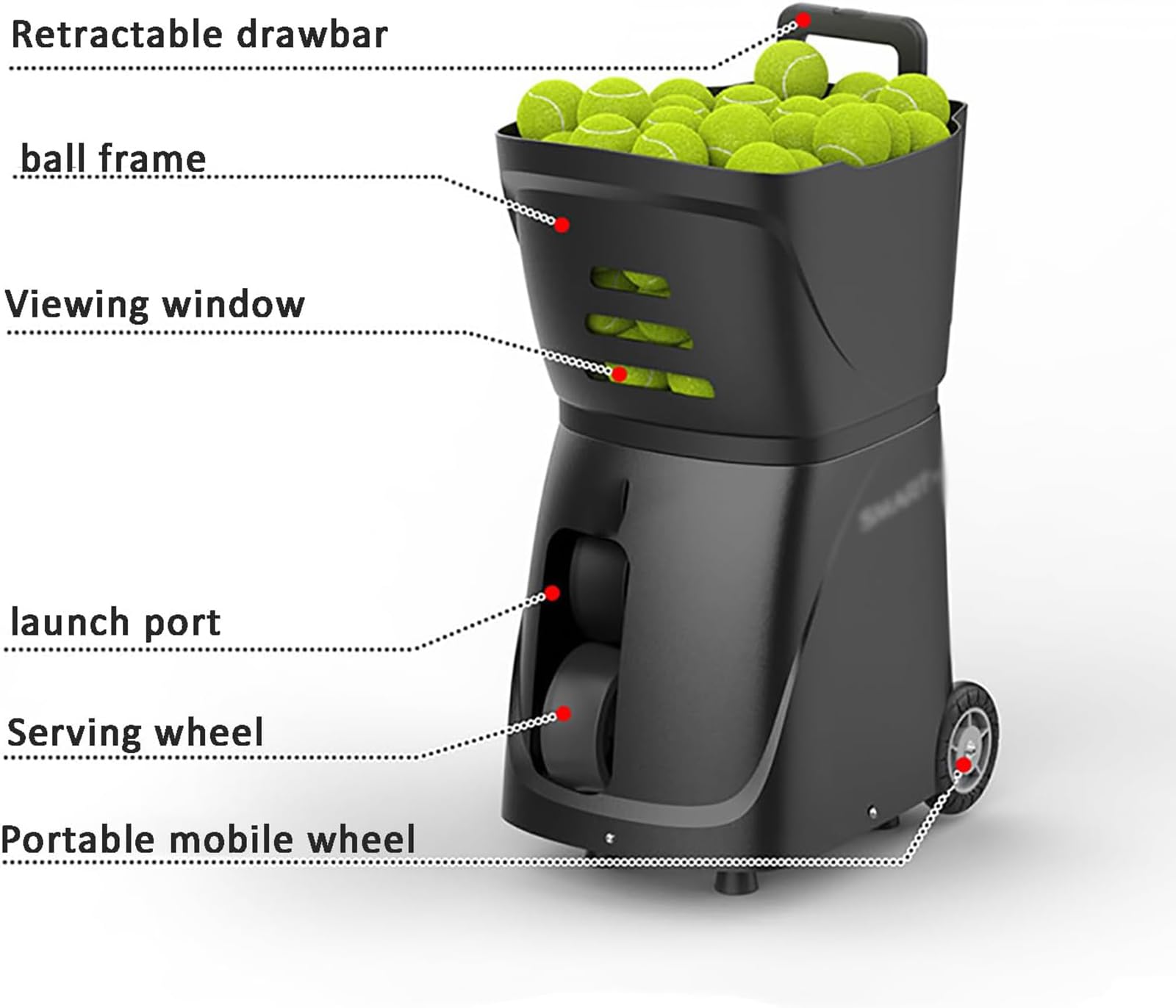 Lanciatore automatico di palline, macchina per palline da tennis, 100 grandi capacità, controllo app mobile, durata della batteria 5-8H, per fronte, rovescio, volley, linea di base, palla corta