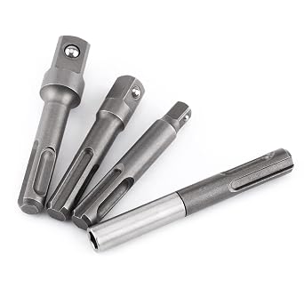 4PCS Impact Socket Adapter, Stainless Steel 1/4 SDS Plus Adapter, SDS Chuck Adapter, Hex Socket Adaptor and 1/4 3/8 1/2 Square Drill Extension Connectors
