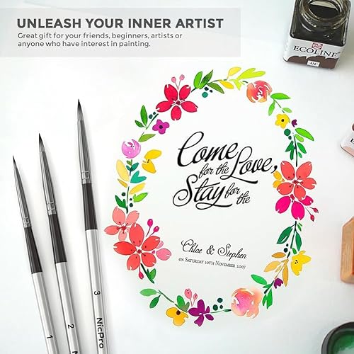 Miniatura 4 de Nicpro Juego de 10 pinceles de acuarela para acuarela, punta redonda, para acuarela, para acuarela, aceite acrílico, gouache, tinta, detalle, roca,