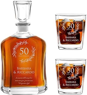 Murrano Set Decanter per Whisky in vetro - da 700 ml - incisione personalizzata - Caraffa + 2 bicchieri - idea regalo per l'anniversario per la coppia di sposi o fidanzati - Laurus Nobilis