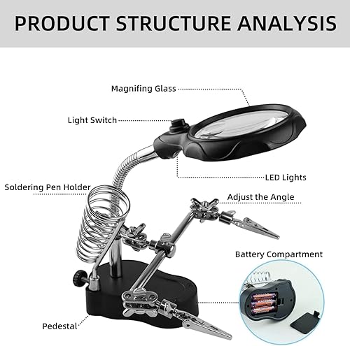 Miniatura 3 de Estación de lupa de soldadura con luz LED, soporte profesional de lupa de 3.5 x 12 x con clips de cocodrilo para soldar, fabricación e inspección de