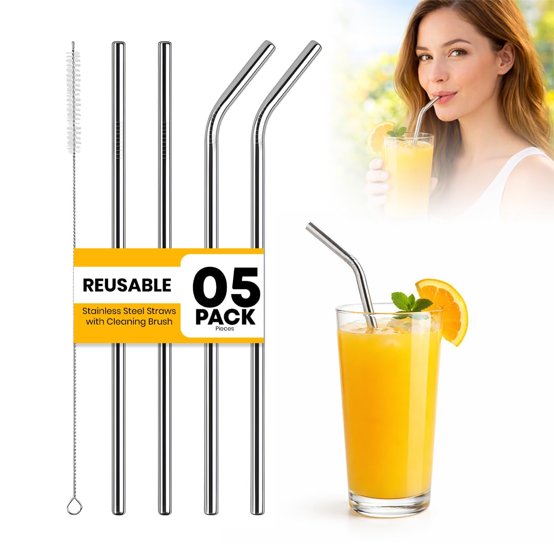 MIKANIX Reusable Stainless Steel Straws Set (5 Pack) with Cleaning Brush | Eco-Friendly, Food-Grade Metal Drinking Straws for Juice, Smoothies & Beverages (Set of 1)-image-38