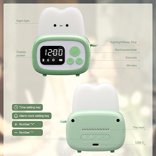 Miniatura 6 de QANYI Reloj con temporizador pequeño, lámpara tostadora, bonita luz nocturna con herramienta de gestión de tiempo y reloj de mesa, alarma,