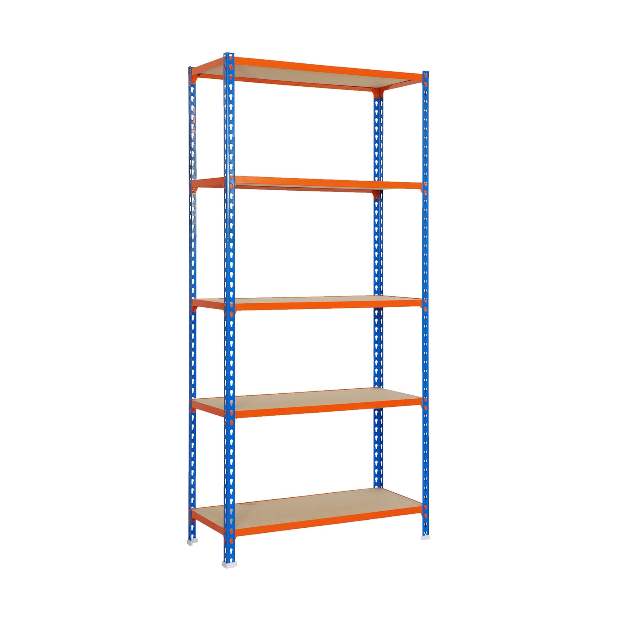 SimonRack Estanteria Metalica, 5 Baldas Madera Ajustables, 200 kg de Punto Flexión, 2000x1200x500 mm, Estantería Almacenaje, Sin tornillos, Azul/Naranja/Madera - Maderclick | 5 Alturas, Bandeja Madera, 200 kg de Punto Flexión, Azul/Naranja , Pintura antic