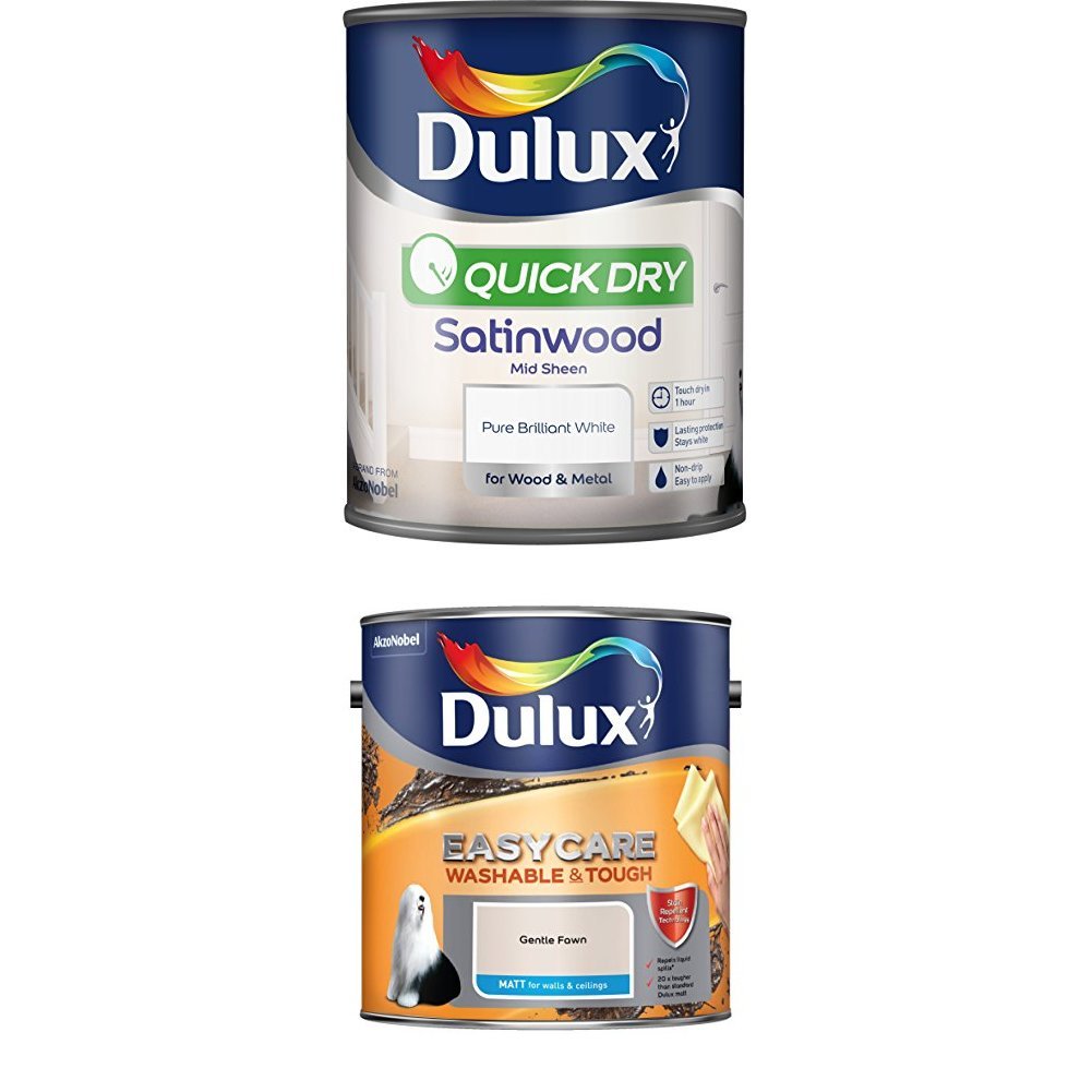 DuluxQuick Dry Satinwood Paint, 750 ml (Pure Brilliant White) Easycare Washable and Tough Matt (Gentle Fawn)