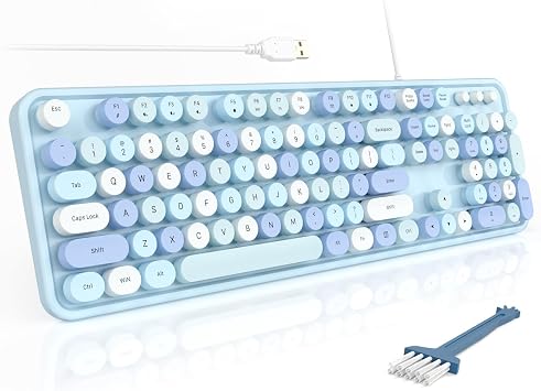 MOFII Computer Keyboards Wired, Plug Play USB Full Size Typewriter Keyboard, Cute Colorful Aesthetic Keyboard with Foldable Stands for Windows PC Laptop Blue Colorful