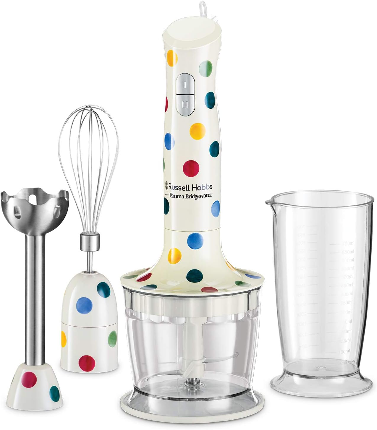 Russell Hobbs 24673 Emma Bridgewater 3 in 1 Hand Blender - Polka Dot Stick Blender with Hand Whisk and Mini Chopper Attachments, 500 Watt
