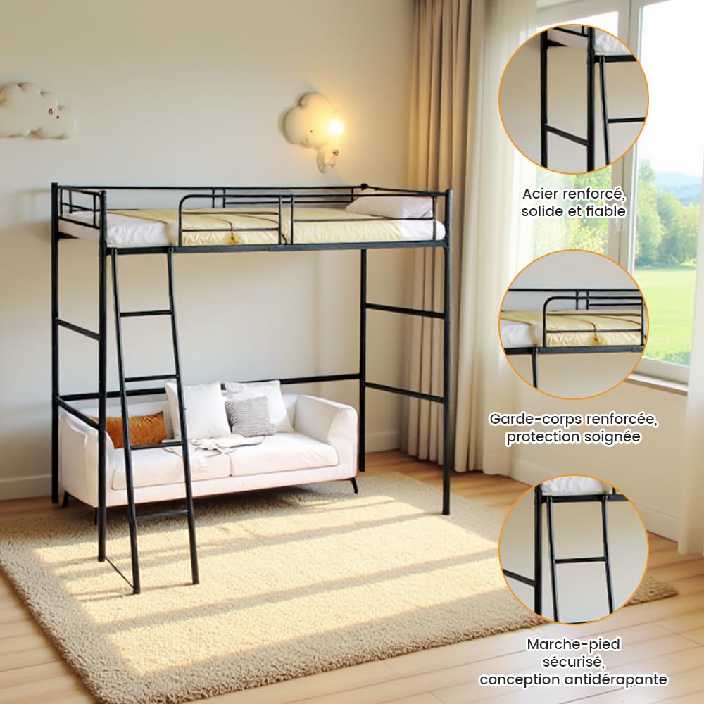 DORAFAIR Lit Mezzanine 1 Place Lit Superposé en Métal per Matelas de 90 x 200 CM avec Escalier pour Adultes et Enfants, Sécurité Garde-Corps et Espace Libre en Dessous, Noir