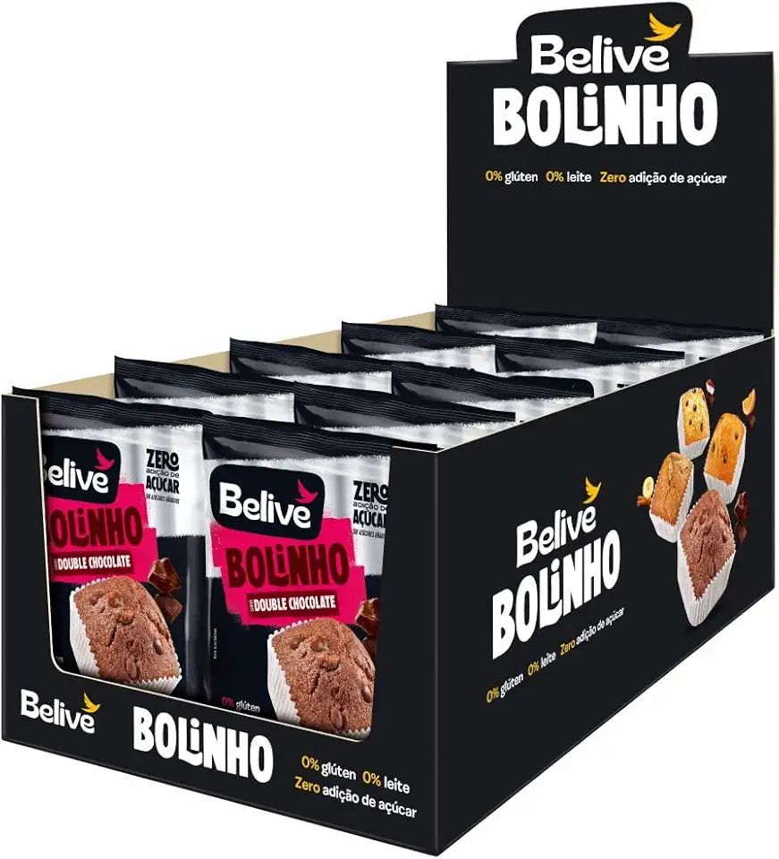 Caixa de Bolinhos de Chocolate Sem Açúcar Sem Glúten Sem Leite Belive 10 unidades de 40g