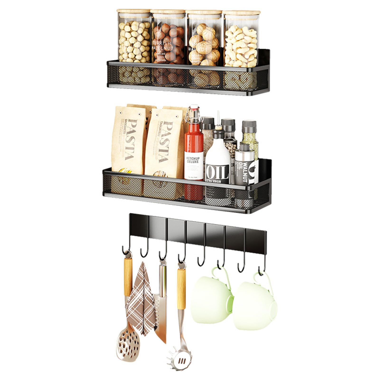 U-HOOME Magnetic Spice Rack for Refrigerator, 3 Pack Magnetic Shelf, Moveable Magnetic Fridge Organizer with 8-Hook Rack, Seasoning Organizer Shelf for Kitchen Organization and Storage