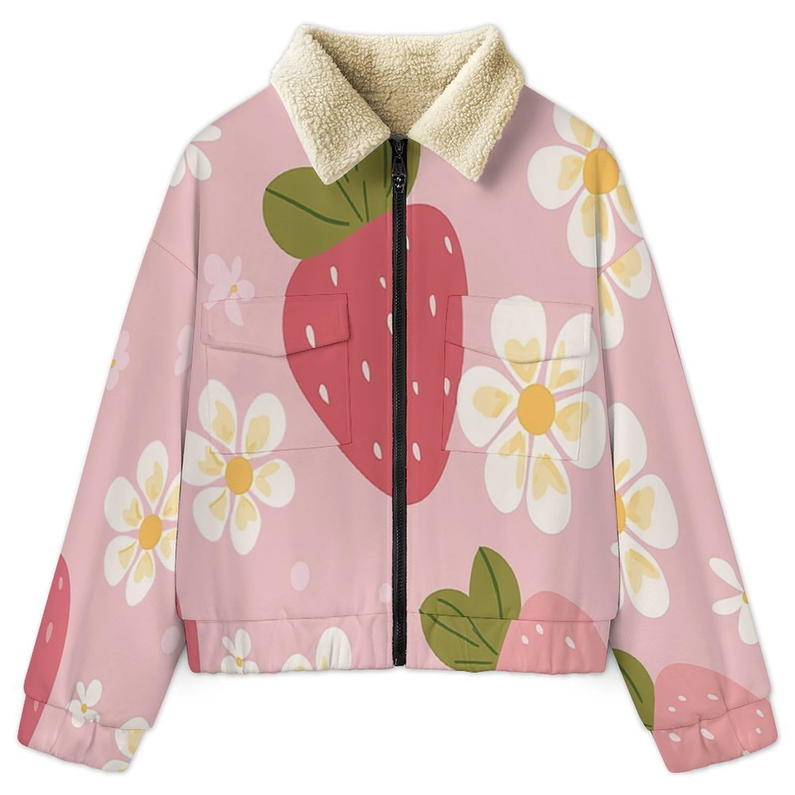 Donna Pile Stampa geometria Caldo con Cerniera, Giacca da Camera Invernale Corta Pile Giacche, Fiori fragola Cappotto In Peluche Sherpa Giubbotto Fleece Comoda