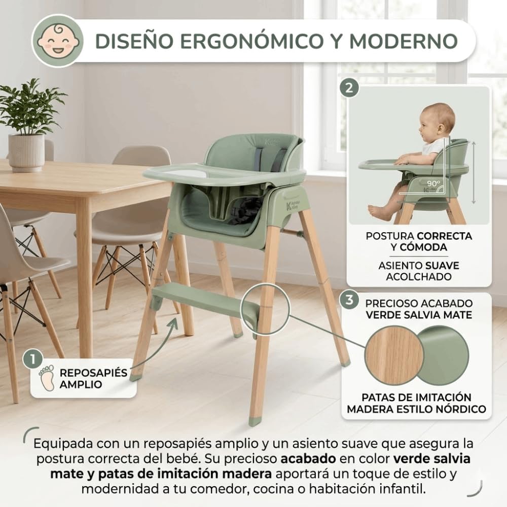 DEVESSPORT Trona 2 en 1 Plegable y Evolutiva (6 a 60 Meses) - Silla Alta Convertible con Montaje Sin Herramientas, Bandeja Extraíble, Cojín Lavable y Estructura de Acero Lacado - Verde