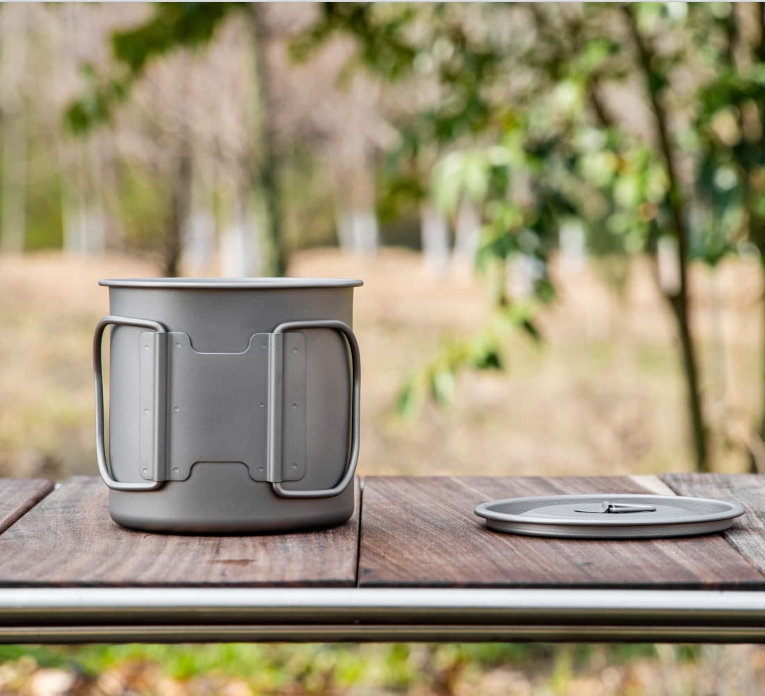 500ml Titane Tasse avec Couvercle et Poignée Camping Tasse à Café Léger Pot pour la Randonnée Randonnée Camping Voyage Tasse & Couvercle