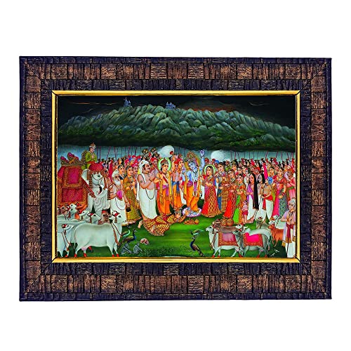 Image of Hawai Lord Krishna with Govardhan Parvat Photo Frame, Size- 8.5x7inch | Engineered Wood Wall Hanging Home Decor Religious Frame | SFDI271BLKFRM