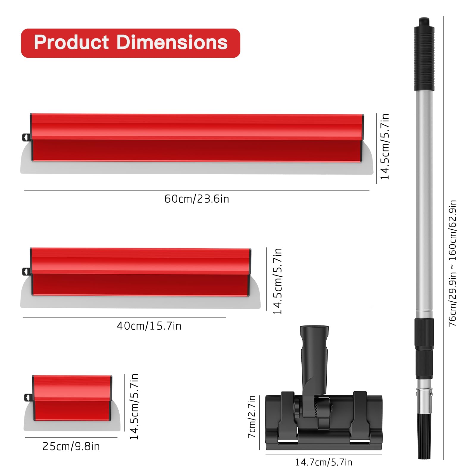 Kit de spatules de surface (250/400/600 mm) et tige télescopique de 0,97 m à 1,82 m avec adaptateur, kit de spatule de lissage multifonction pour grand espace de travail, décoration murale (Rouge) - 2