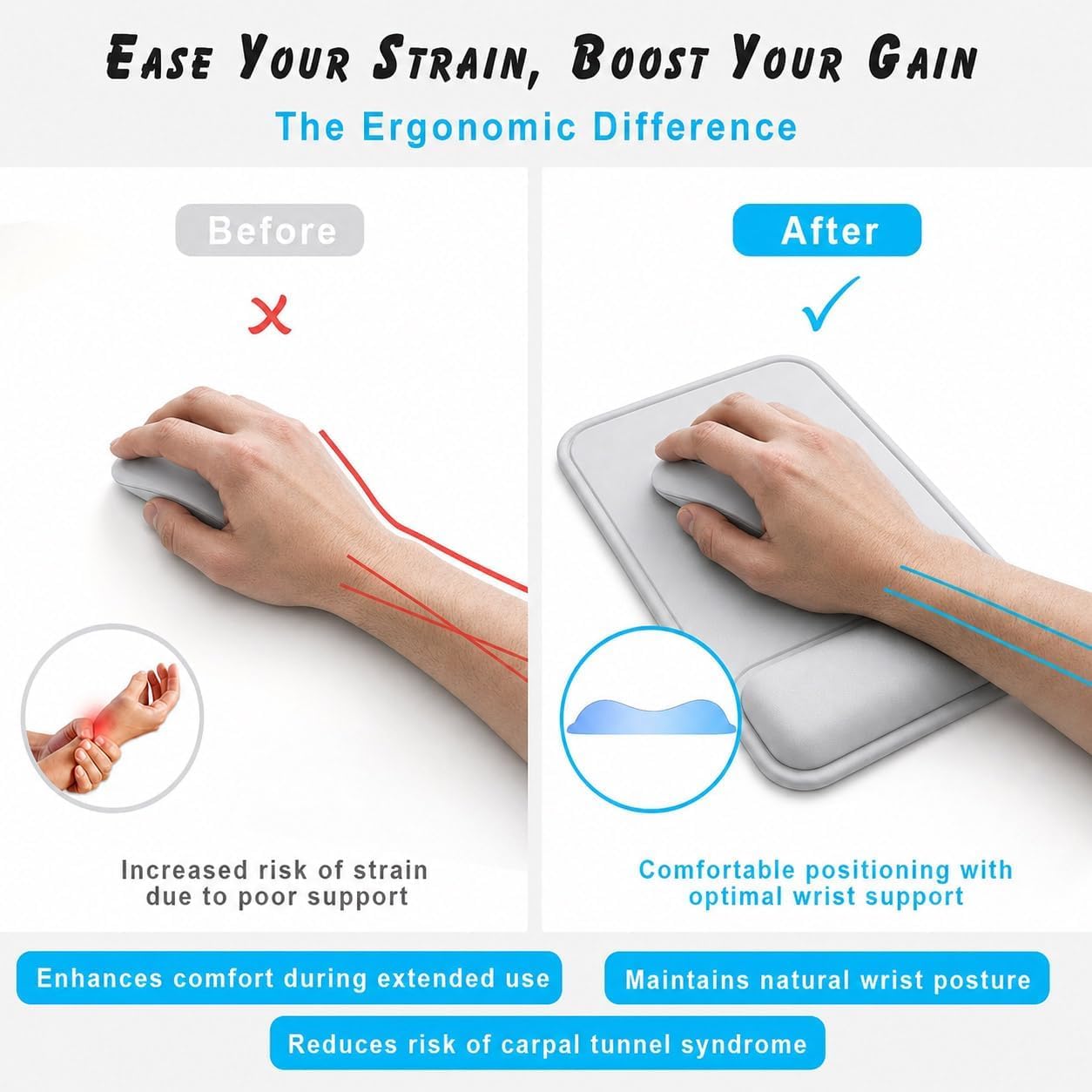 ErgoComfort, Tappetino per mouse in gel con poggiapolsi, tappetino ergonomico per mouse con supporto per il polso, tappetino da scrivania Ergo, base antiscivolo, superficie liscia, per computer