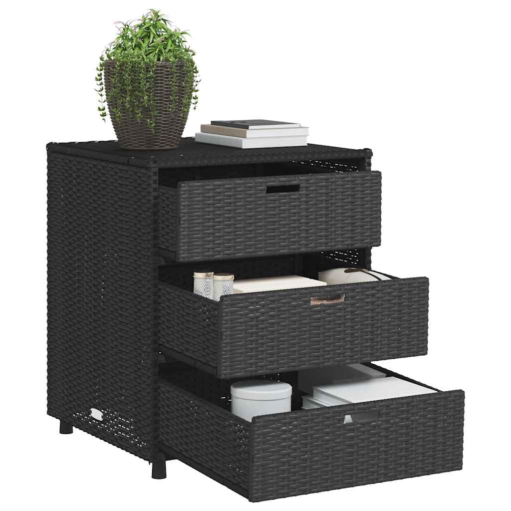 Armadio da giardino nero in polyrattan, 55 x 59 x 69 cm, con 3 cassetti, telaio in acciaio verniciato a polvere, contenitore per esterni, per giardino, piscina, terrazza, impermeabile e