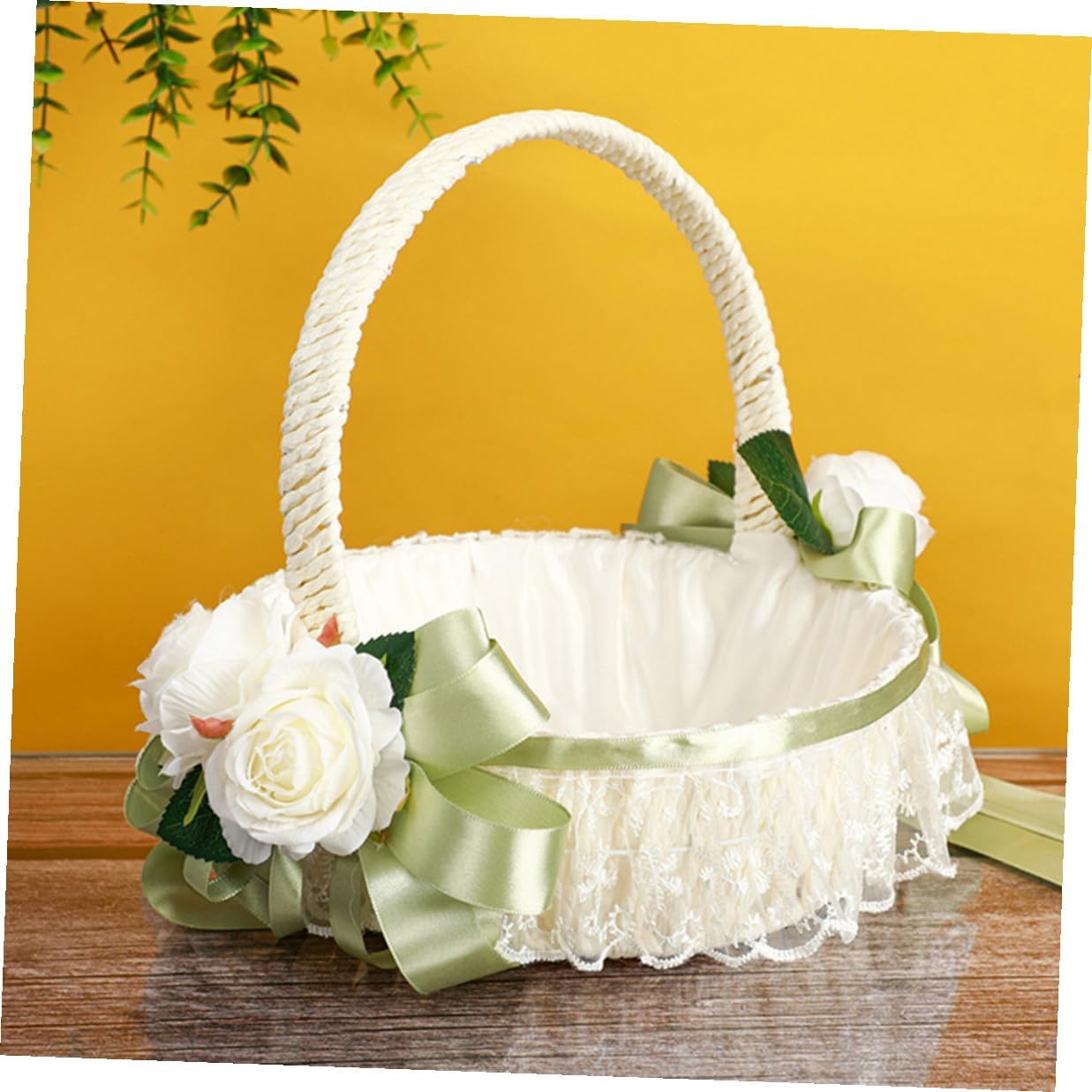 Flower Girl Basket Small Elegant Wedding Basket with Ribbon Handle for Wedding Party Supplies and Flower Petal Ceremony Decoration