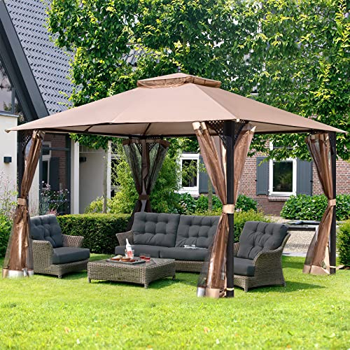 Gazebo 10X12 Outdoor Shade Canopy Tent Instant Gazebo Sun Shelter With Mosquito Netting Double Roof Waterproof Outdoor Steel Frame Canopies Gazebos & Pergolas For Deck, Garden, Yard, Patio,Backyard #TOP8