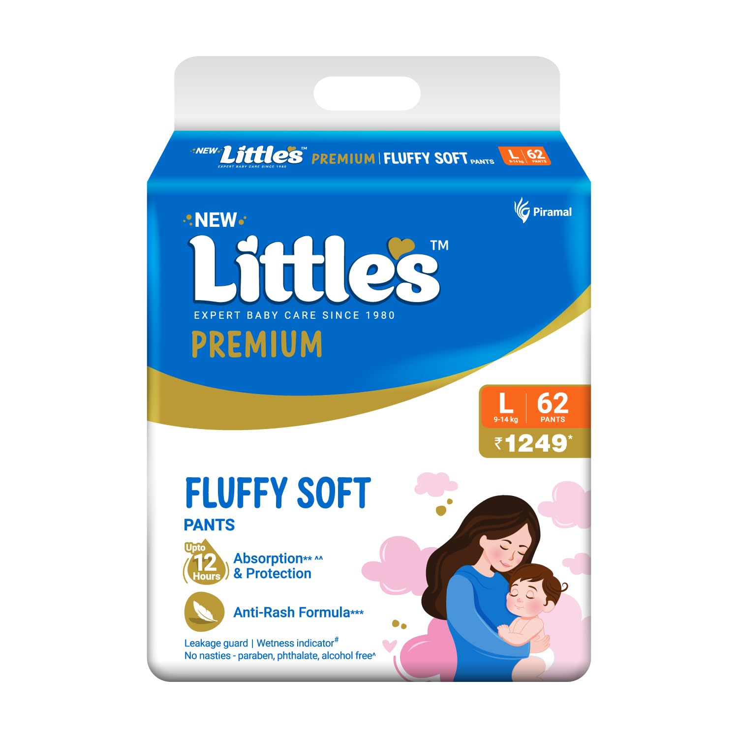 Premium Baby Diapers L Size (Large) Pants Style | 9-14 kg | 62 Count | Super Jumbo FluffySoft Baby Diaper with Leakage Guard, Wetness Indicator & 12 Hours Absorption