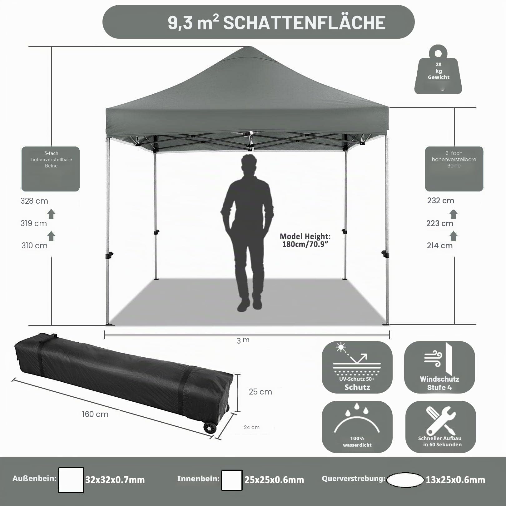 COBIZI Faltpavillon 3x3 Wasserdicht Stabil Winterfest(Grau mit Seitenwand) | Pop Up Pavillon Partyzelt,Sonnenschutz Pavillion Klappbar Zelte,Winterfest Gartenpavillon,Pavilion Faltbar mit Tasche Rollen