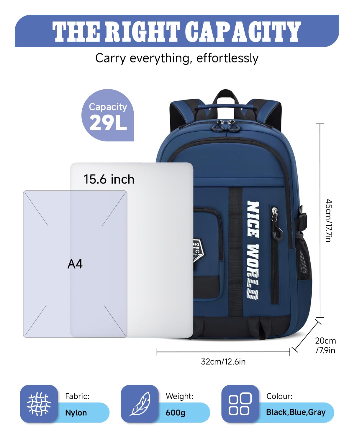 Amythe Sac à Dos Garçon Adolescent - Cartable Garçon Collège Lycée Grande Capacité 29L - Sac à Dos Scolaire Moderne Imperméable Léger 10-22 Ans pour École, Voyage, Noël, Bleu