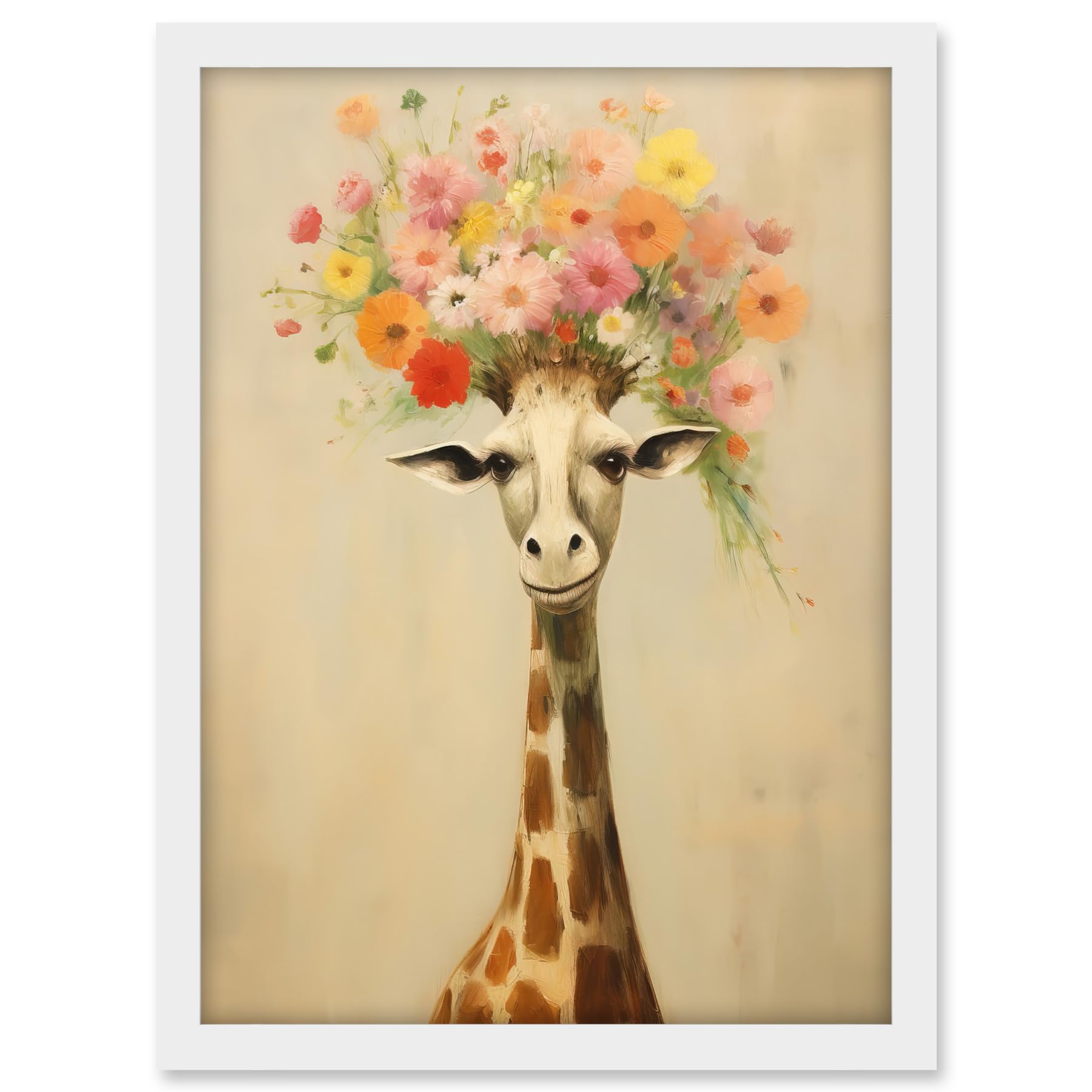 Artery8 Cheerful Giraffe with Wildflower Bouquet Hat Spring Camouflage Whimsical Oil Painting Nursery Artwork Framed A3 Wall Art Print