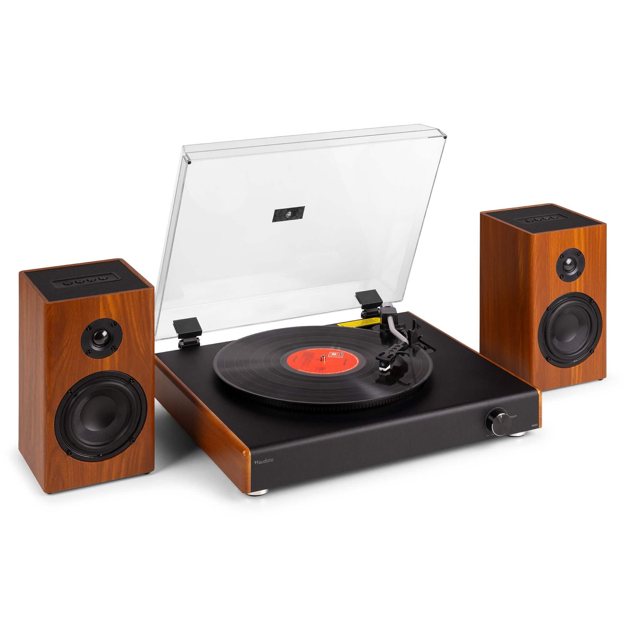 Audizio RP337W Giradischi con altoparlante Bluetooth – Lettore in vinile effetto legno – Record Player da 33, 45 e 78 giri/min – Tavolo da ginnastica con altoparlante wireless da 50 Watt – Giradischi