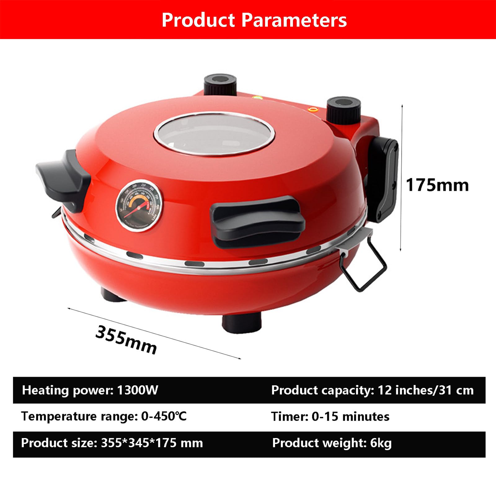 Horno De Pizza Portátil Y Máquina para Hacer Pan, Temporizador De 0 A 15Minutos | Hornos Antiadherentes para Hornear Pizza De 0 A 450℃ | Bandeja De 12"/31Cm, Horno De Pizza Profesional