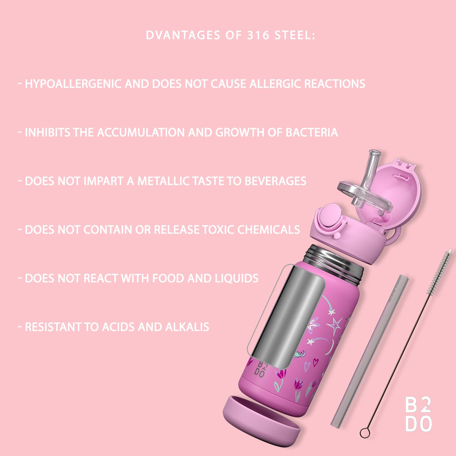 Borraccia Acciaio 316 Inox Doppia Parete 350ml Unicorno Rosa Bottiglia Termica per Bambini Isolata