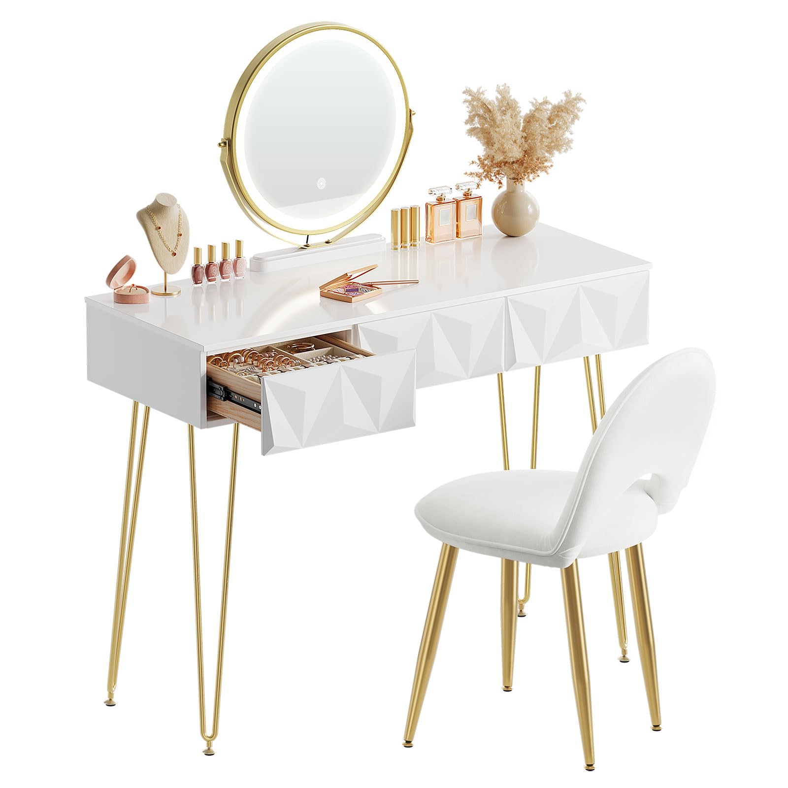 EUGAD Makeup Dressing Table with Mirror and LED Light, Adjustable Lighting, Dressing Table Set with Velvet Chair, Dressing Table Desk with 3 Drawers, White + Gold, 0054SZT