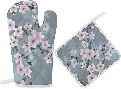 Amazon Uddesign 薄暗いピンク灰色がかった青い桜 キッチン雑貨 テーブル小物 雑貨 かわいい おしゃれ 姫系雑貨 ギフト プレゼント お祝い ミトン 鍋敷き 2点セット 鍋つかみ 鍋敷き 鍋敷き オンライン通販