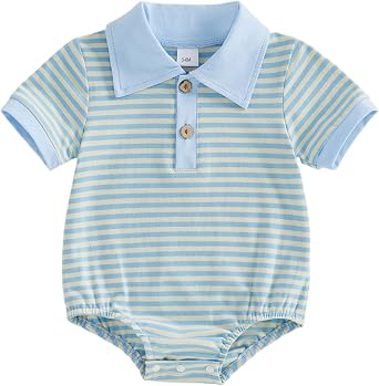 VISGOGO Baby Boy Striped Romper Waffle Short Sleeve Button Oversized Bodysuit Summer Baby Collared Polo Shirt Clothes