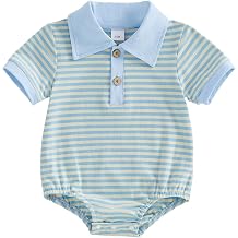 VISGOGO Baby Boy Striped Romper Waffle Short Sleeve Button Oversized Bodysuit Summer Baby Collared Polo Shirt Clothes