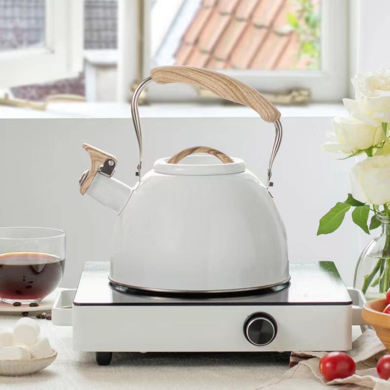 Bouilloire Sifflante 3 Litres En Acier Inox - Motif Floral, Manche En Bois - Pour Gaz, Induction, électrique