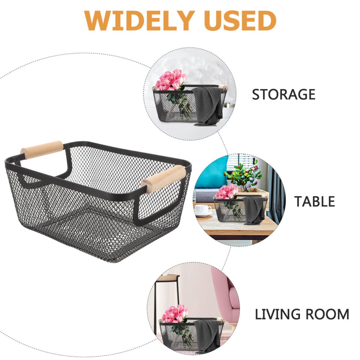 Cesta de almacenamiento de metal 2 piezas con mango de madera, organizador funcional, negro, hierro, resistente a la deformación, para cocina y sala de estar