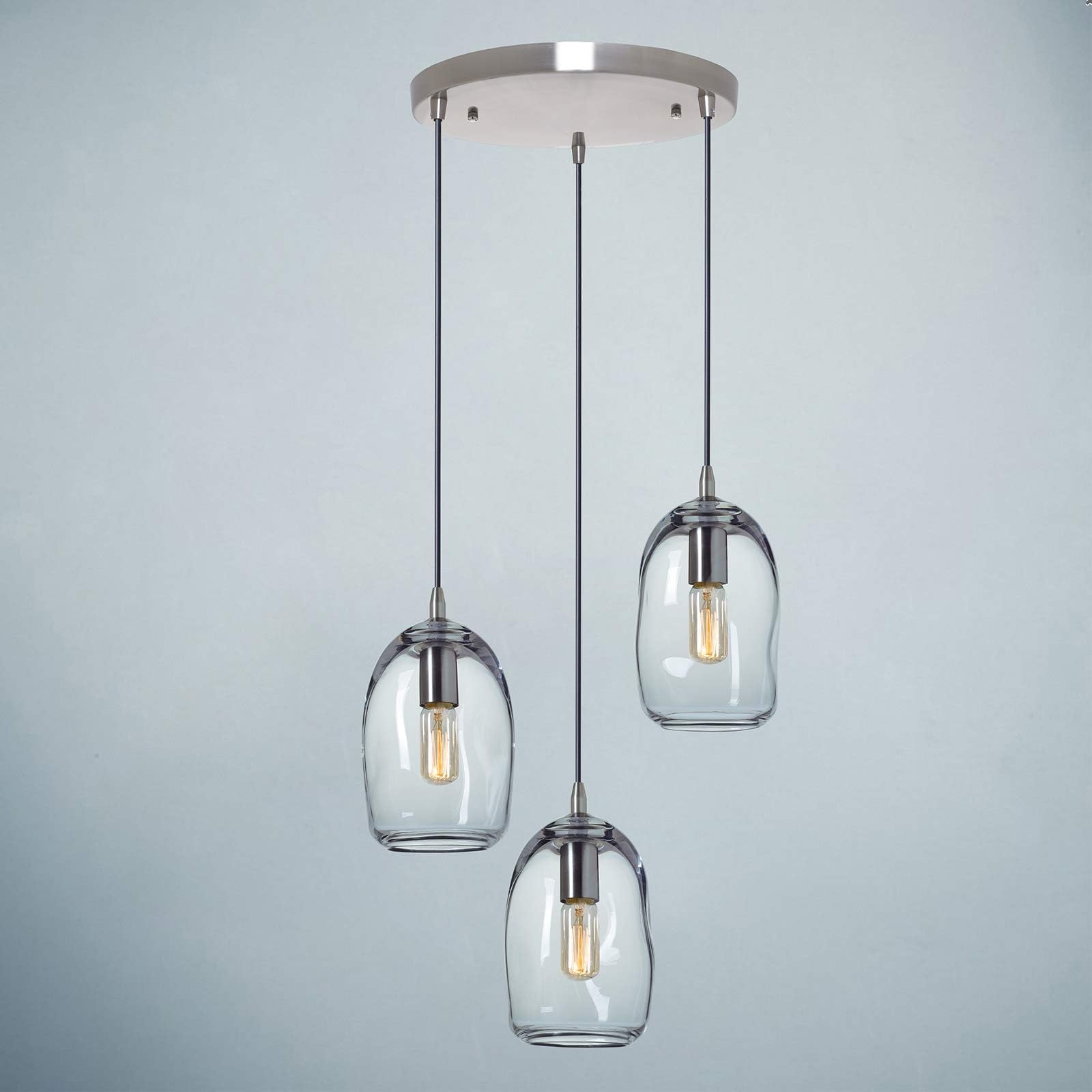 Casamotion Chandelier Pendant Lighting Handblown Glass Drop Ceiling Lights, Organic Contemporary Style Hanging Light, Clear Glass Shade, Brushed Nickel Finish, 3 Lights Chandelier