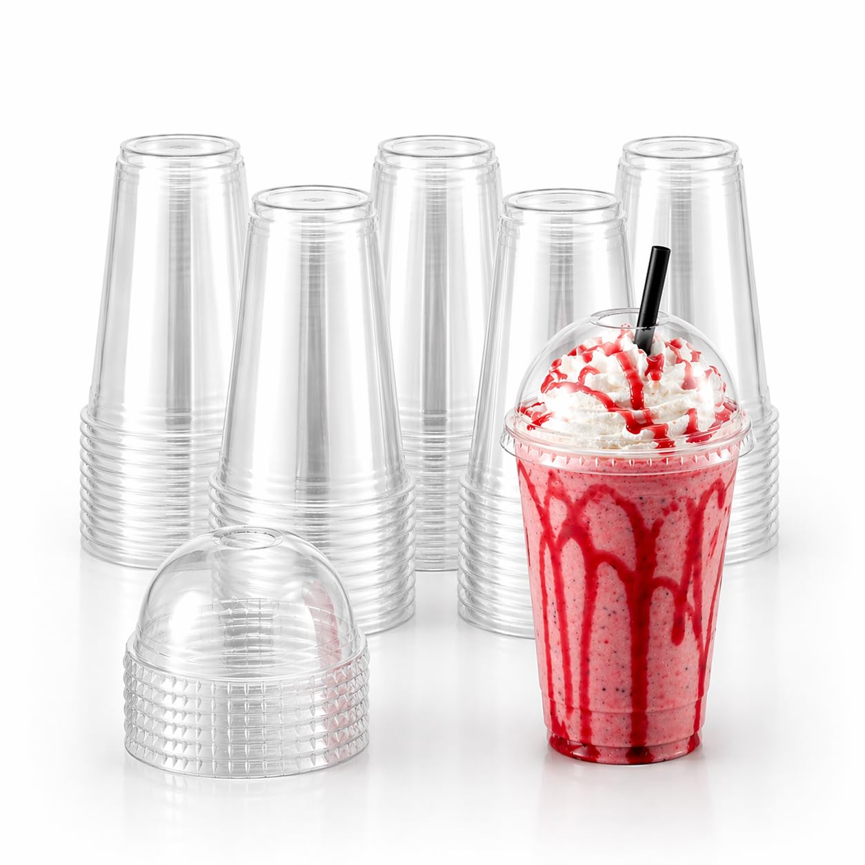Commerline 50 Stück Smoothiebecher 300 ml mit Domdeckel + Rundloch, Smoothie Plastik Becher to go Plastikbecher, Trinkbecher Partybecher Kunststoffbecher, Smoothiesbecher