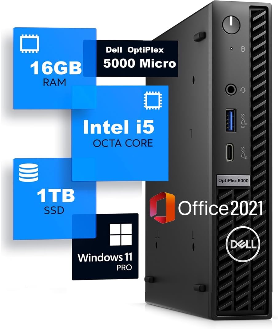 Dell OptiPlex 5000/7000 Micro 12th Gen Core i5 / 16GB Memory / 1TB SSD / Windows 11 Pro / Small Space Saving PC Business / Quiet / 4K HDR Support / DP*2 / Ultra Light / Wide Interface / Office 2021