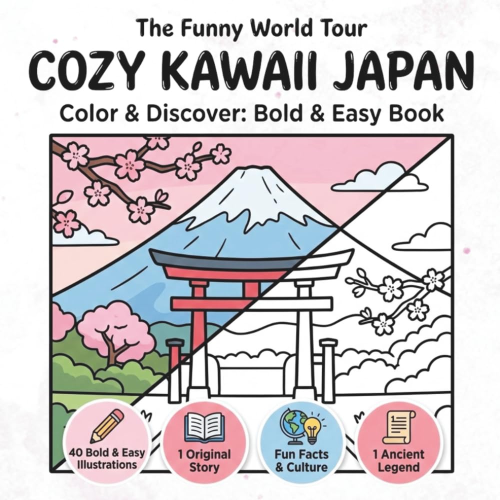 The Funny World Tour: Cozy Kawaii Japan: Color & Discover Book Bold & Easy