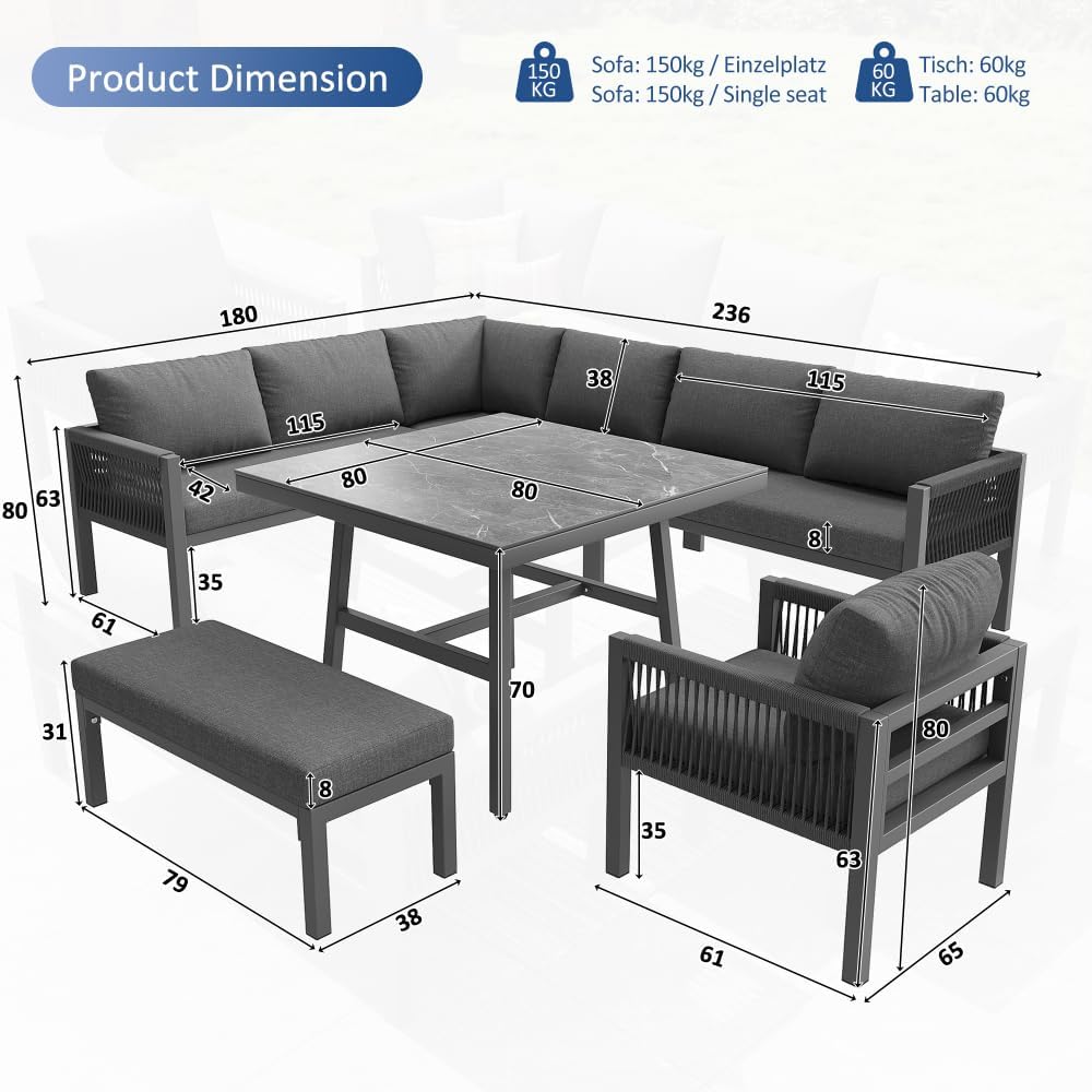 Conjunto de sofás de Exterior en Forma de L para 6-8 Personas, sofá Combinado de jardín Tejido a Mano, Conjunto de terraza con 1 Mesa (Madera y Vidrio) y 1 sillón, Muebles de jardín(Gris)