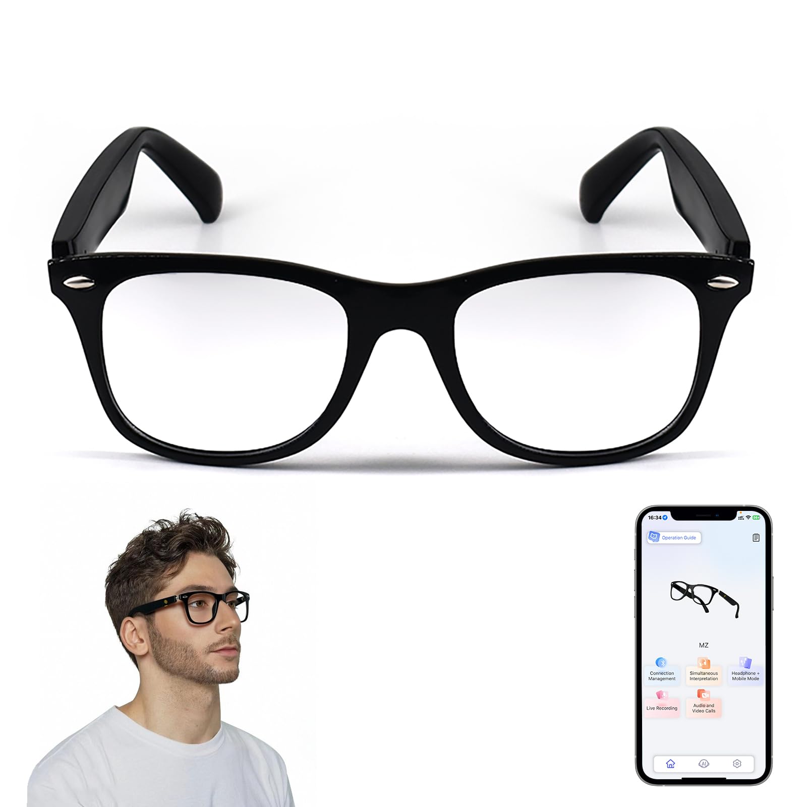 AI Translation Smart Glasses for Women Men, Blue Light Lenses Glasses, Bluetooth Audio Glasses with Speakers, Real-Time Translation(160+ Languages), AI Music Eyeglasses for Business/Travel/Study-Clear