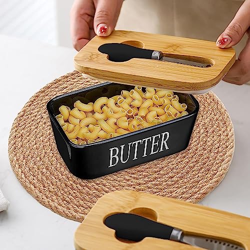 Image of Ceramic Butter Dish with Wooden Lid & Stainless Steel Knife, Airtight Butter Keeper for Counter or Fridge, Double Silicone