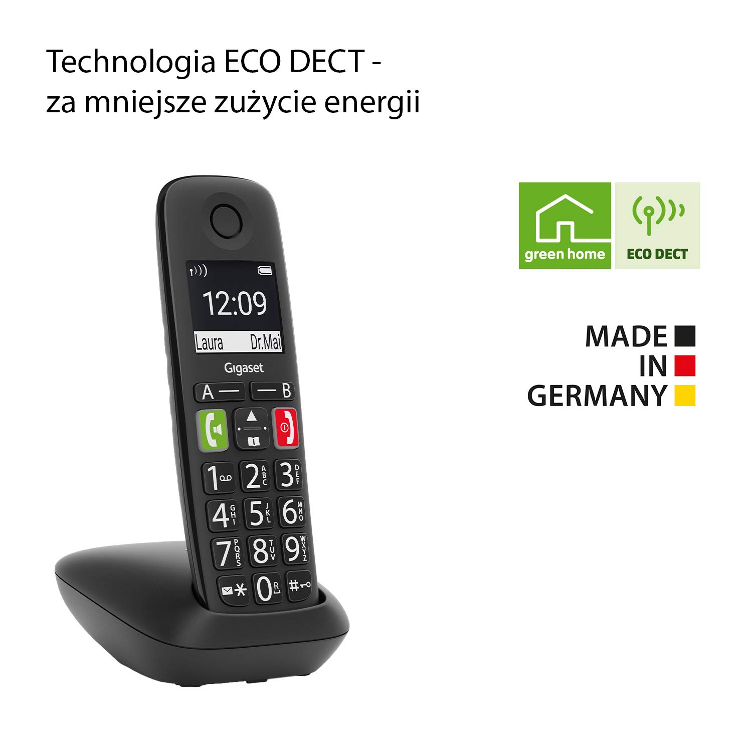 Gigaset E290 - Drahtloses Senioren-Telefon Ohne Anrufbeantworter Mit großen Tasten - Große Anzeige, Schnellwahltasten Wichtige Nummern, Schwarz