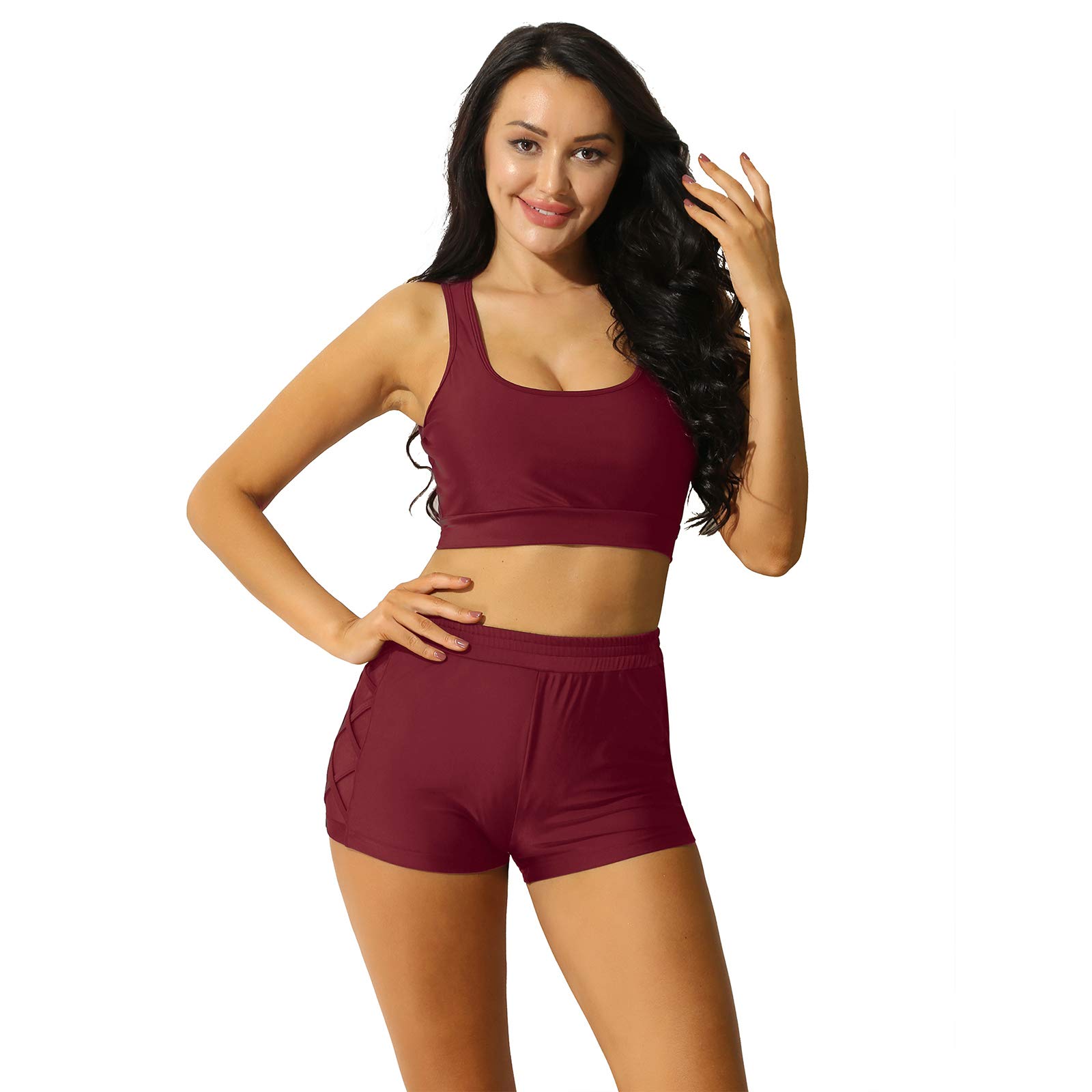 TTAO Womens Sport Two Piece Swimsuits Racerback Tops with Boyshort Bottom Summer Bathing Suits Burgundy X-Large